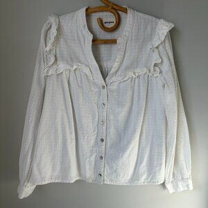 Garance Paris White Ruffle Long Sleeve Cotton Blouse Women's Medium